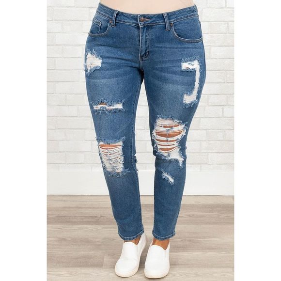 Azura Exchange  Blue Plus Size Distressed Ripped Skinny Jeans - Picture 3 of 7
